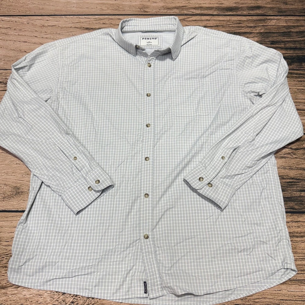 Poncho Button Down Shirt Mens XL Blue Plaid Fishing Performance Long Sleeve